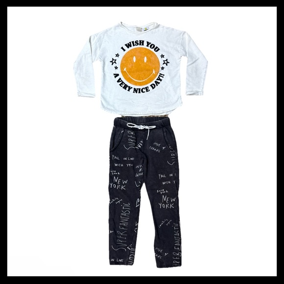 Zara Girl Collection 2 Pc Set SMILEY FACE Tee & Crop Sweatpants Sz 9 Year/134 Cm - Picture 1 of 11